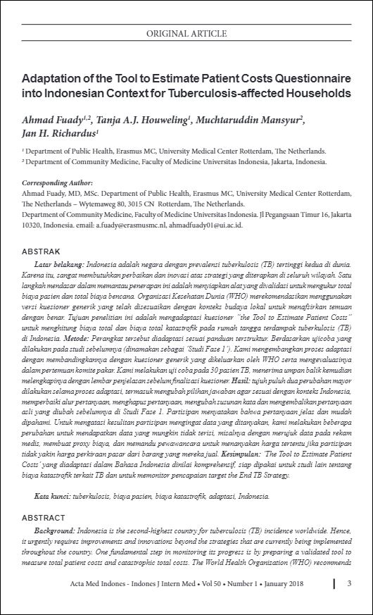 Adaptation of the Tool to Estimate Patient Costs Questionnaire into Indonesian Context for Tuberculosis-affected Household