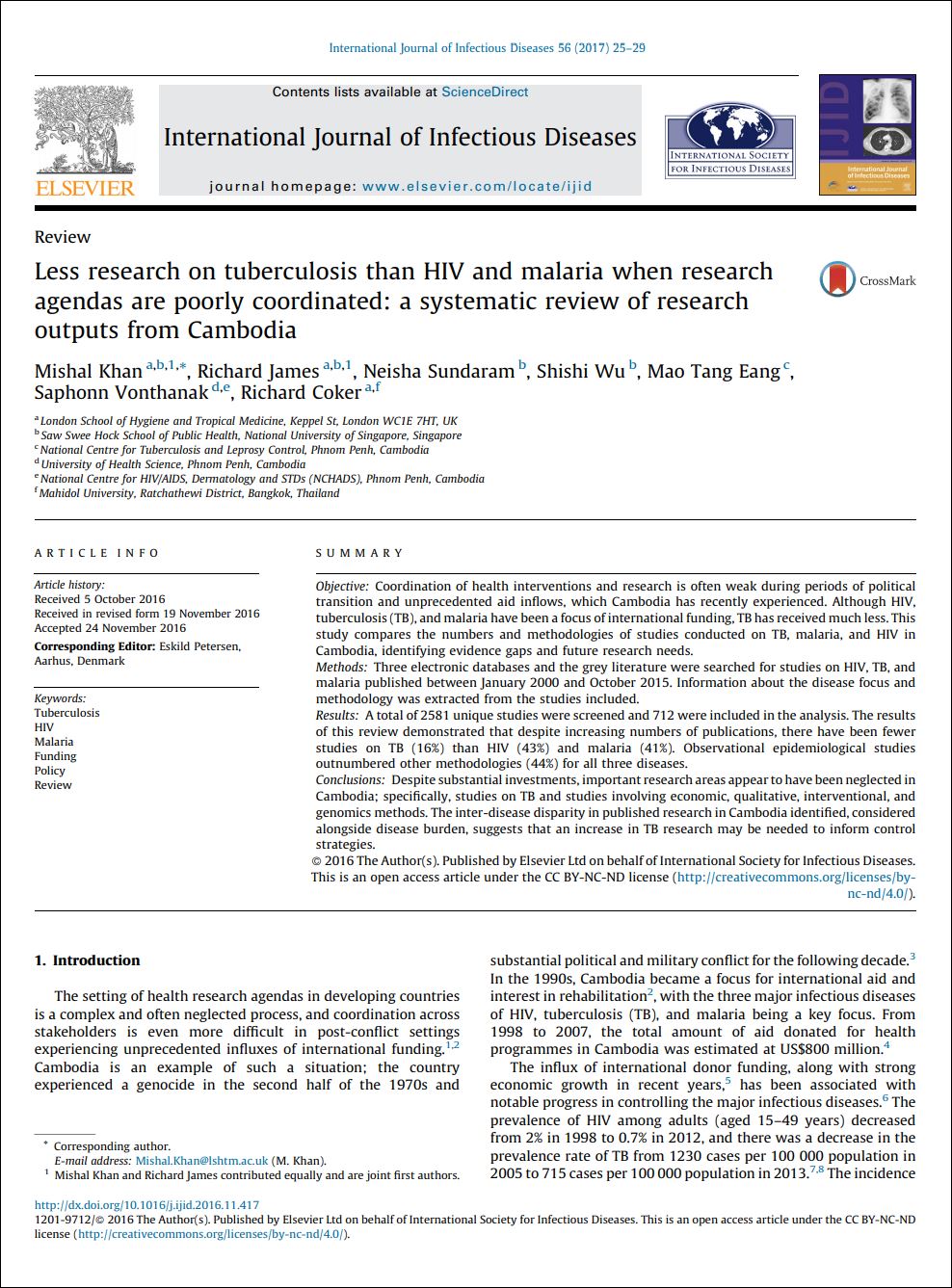 Less research on tuberculosis than HIV and malaria when research agendas are poorly coordinated: a systematic review of research outputs from Cambodia