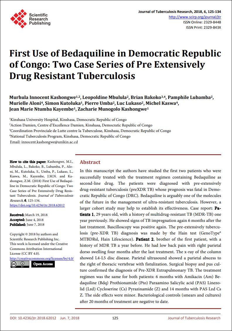 First Use of Bedaquiline in Democratic Republic of Congo: Two Case Series of Pre Extensively Drug-Resistant Tuberculosis