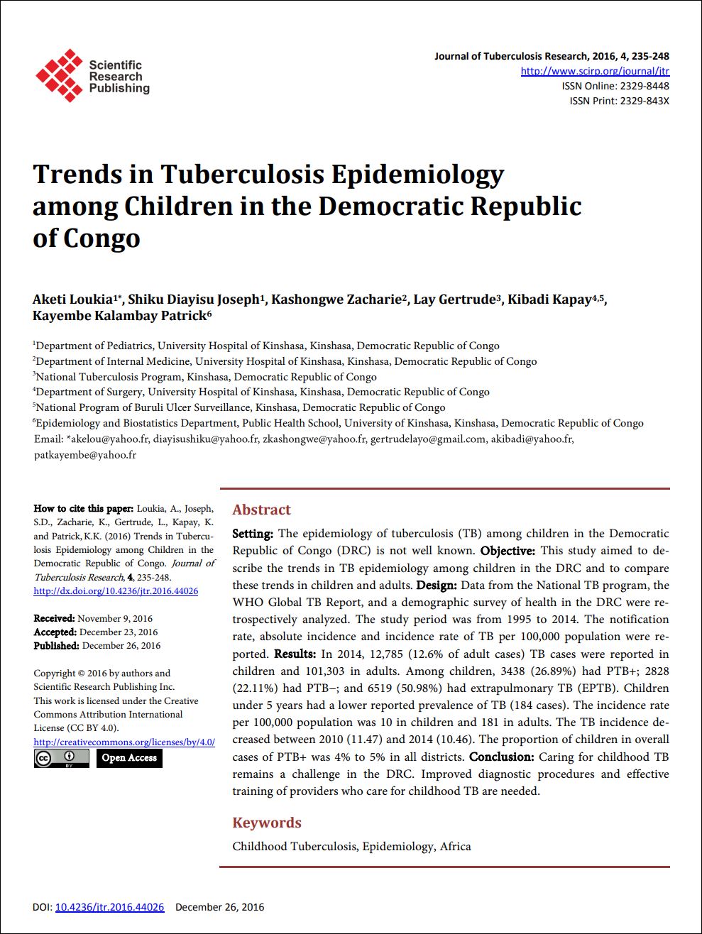 Trends in Tuberculosis Epidemiology among Children in the Democratic Republic of Congo