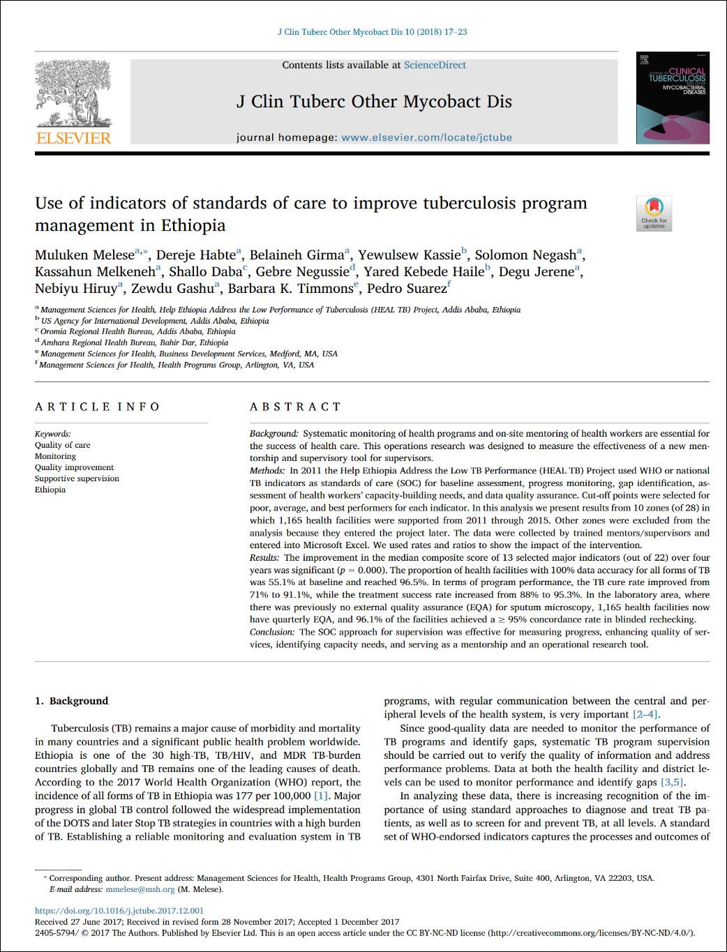 Use of Indicators of Standards of Care to Improve Tuberculosis Program Management in Ethiopia