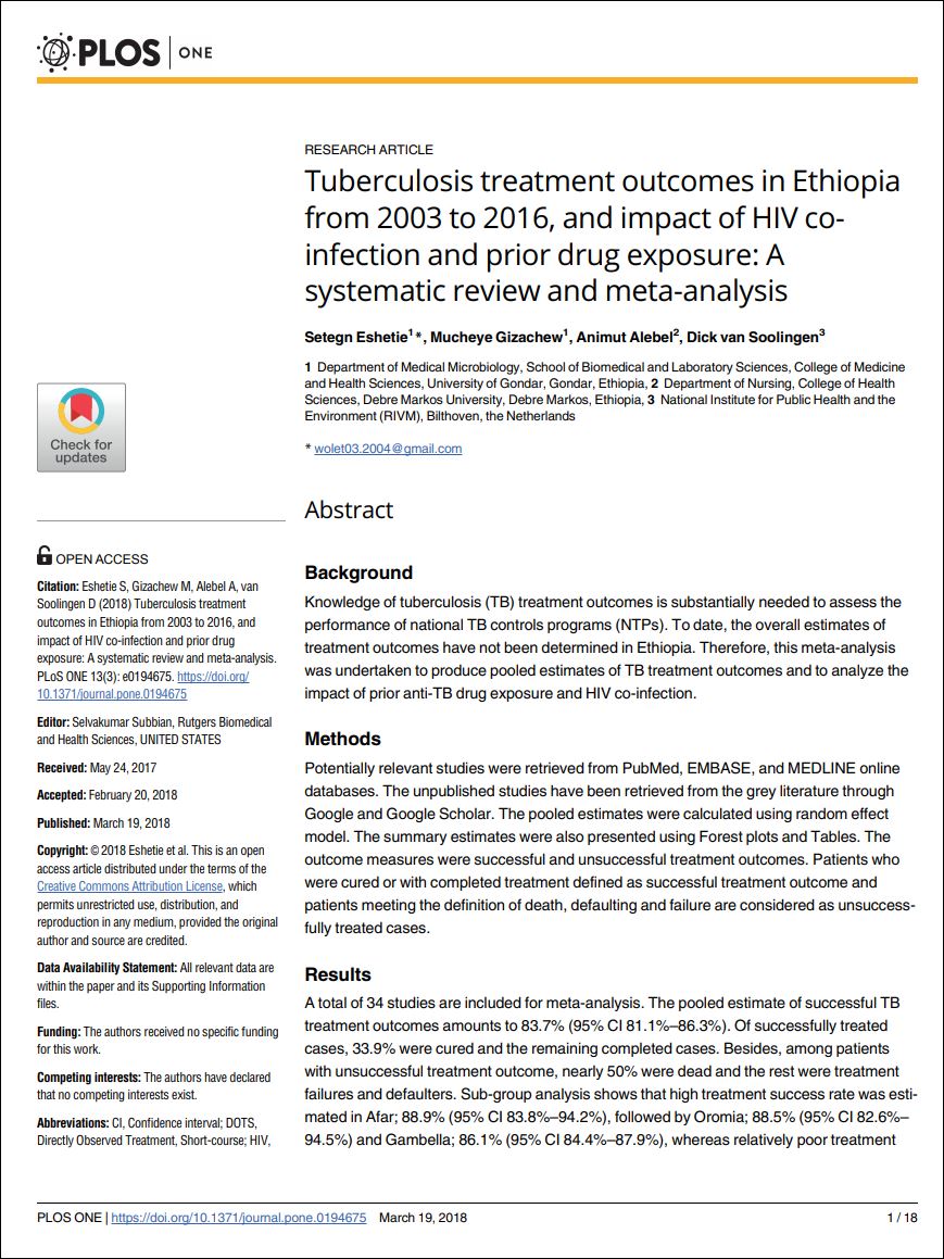 Tuberculosis treatment outcomes in Ethiopia from 2003 to 2016, and impact of HIV co-infection and prior drug exposure: A systematic review and meta-analysis