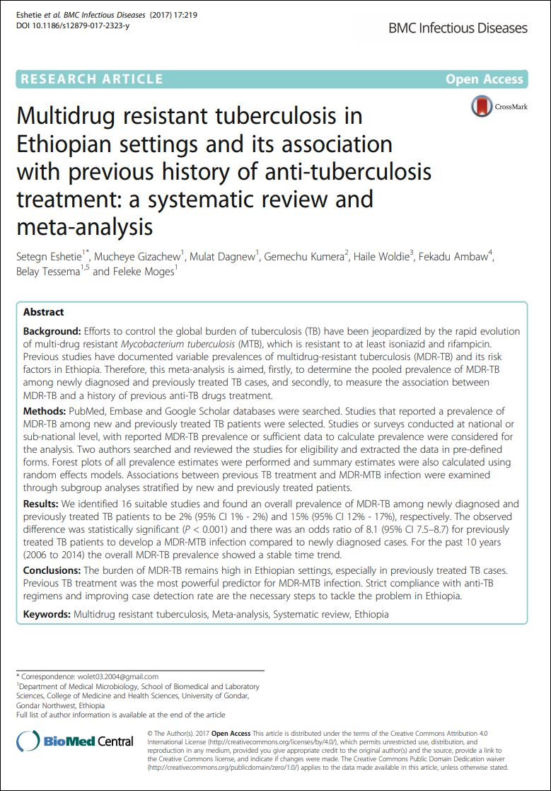 Multidrug-resistant tuberculosis in Ethiopian settings and its association with previous history of anti-tuberculosis treatment: a systematic review and meta-analysis