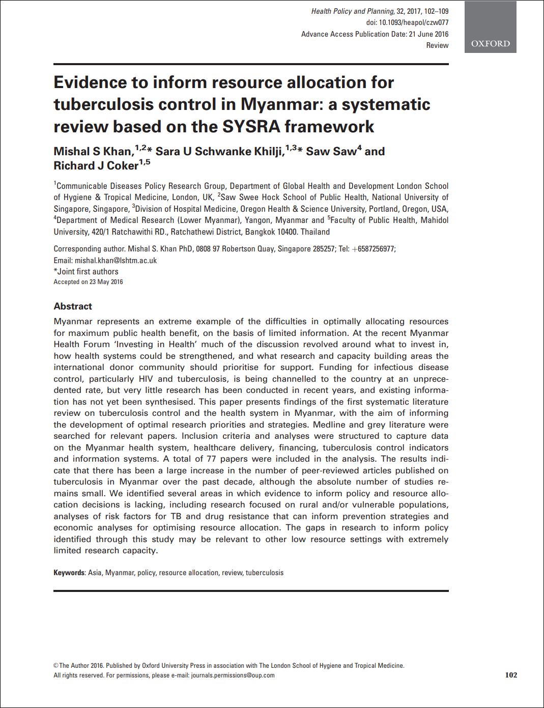 Evidence to inform resource allocation for tuberculosis control in Myanmar: a systematic review based on the SYSRA framework