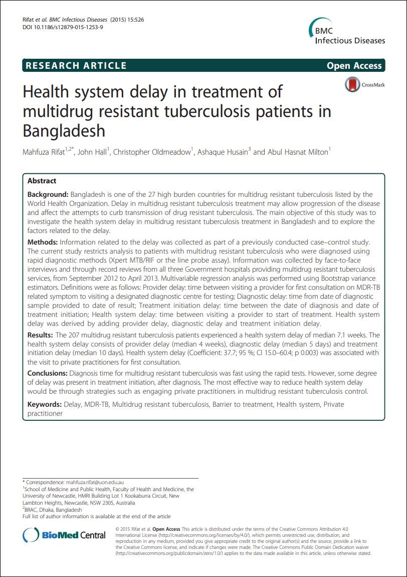 Health system delay in treatment of multidrug-resistant tuberculosis patients in Bangladesh