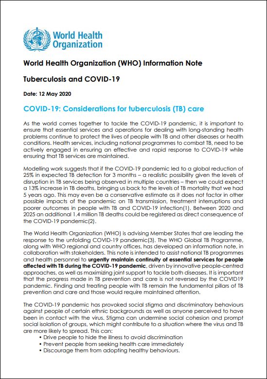 World Health Organization Information Note: Tuberculosis and COVID-19