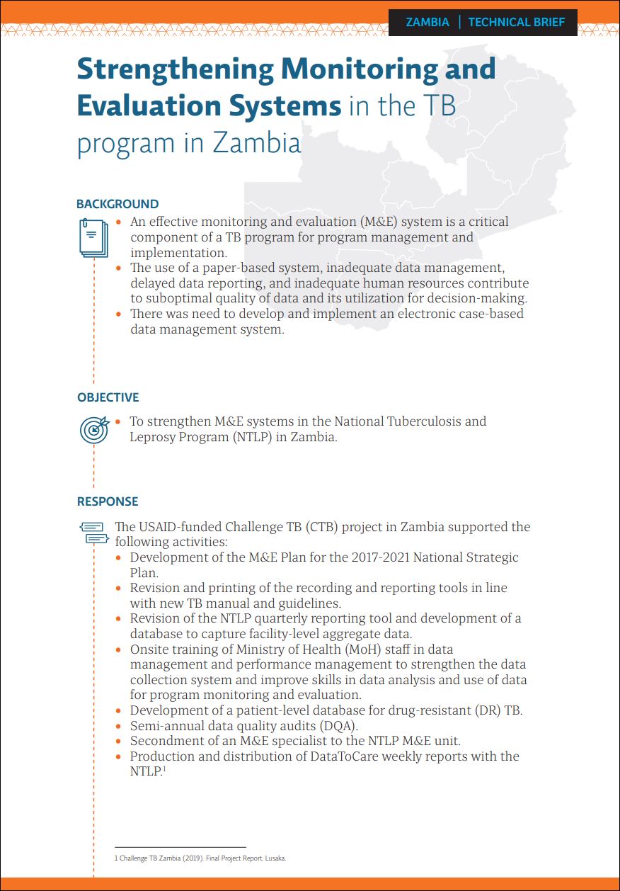 Strengthening Monitoring and Evaluation Systems in the TB program in Zambia