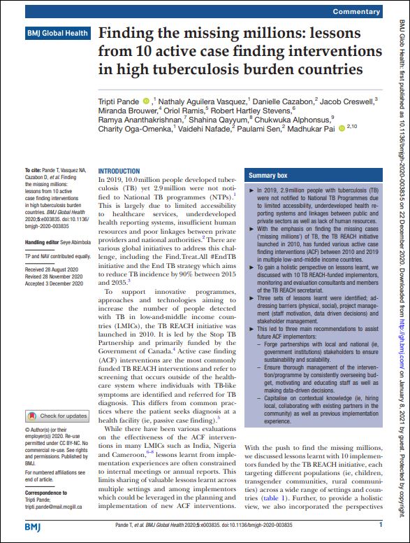 Finding the missing millions: lessons from 10 active case finding interventions in high tuberculosis burden countries