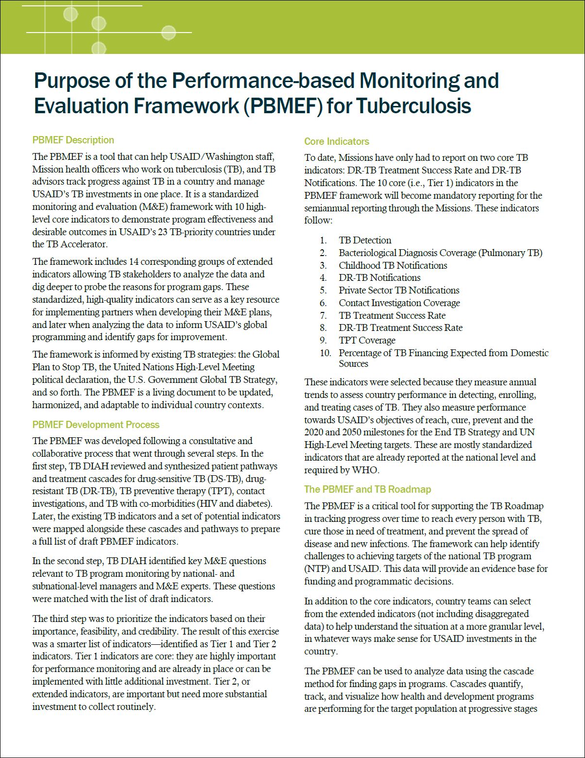 Purpose of the Performance-based Monitoring and Evaluation Framework (PBMEF) for Tuberculosis