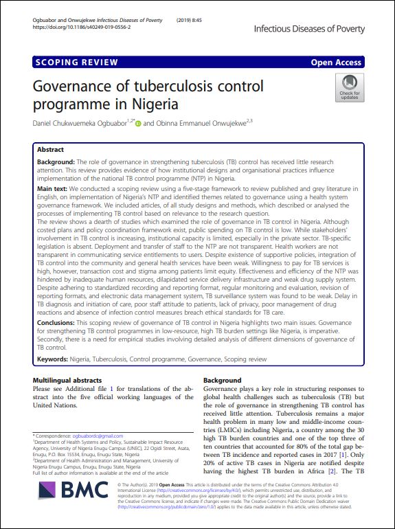 Governance of tuberculosis control programme in Nigeria