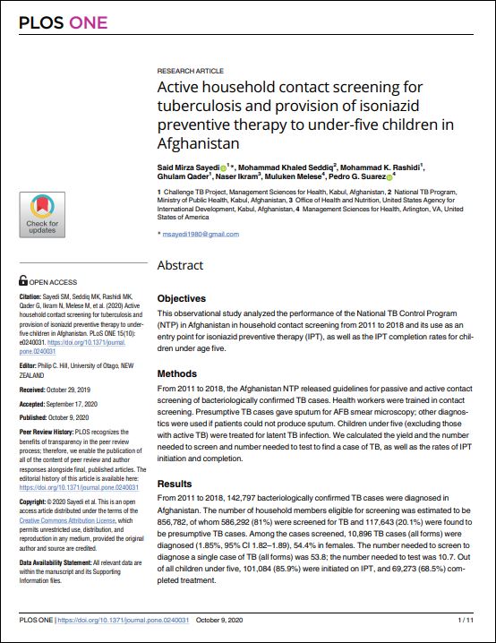 Active household contact screening for tuberculosis and provision of isoniazid preventative therapy to under-five children in Afghanistan