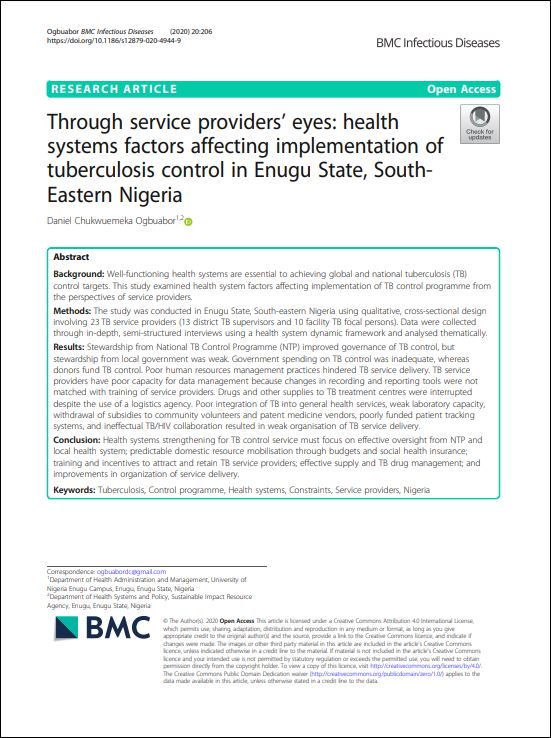 Through service providers’ eyes: Health systems factors affecting implementation of tuberculosis control in Enugu State, South-Eastern Nigeria