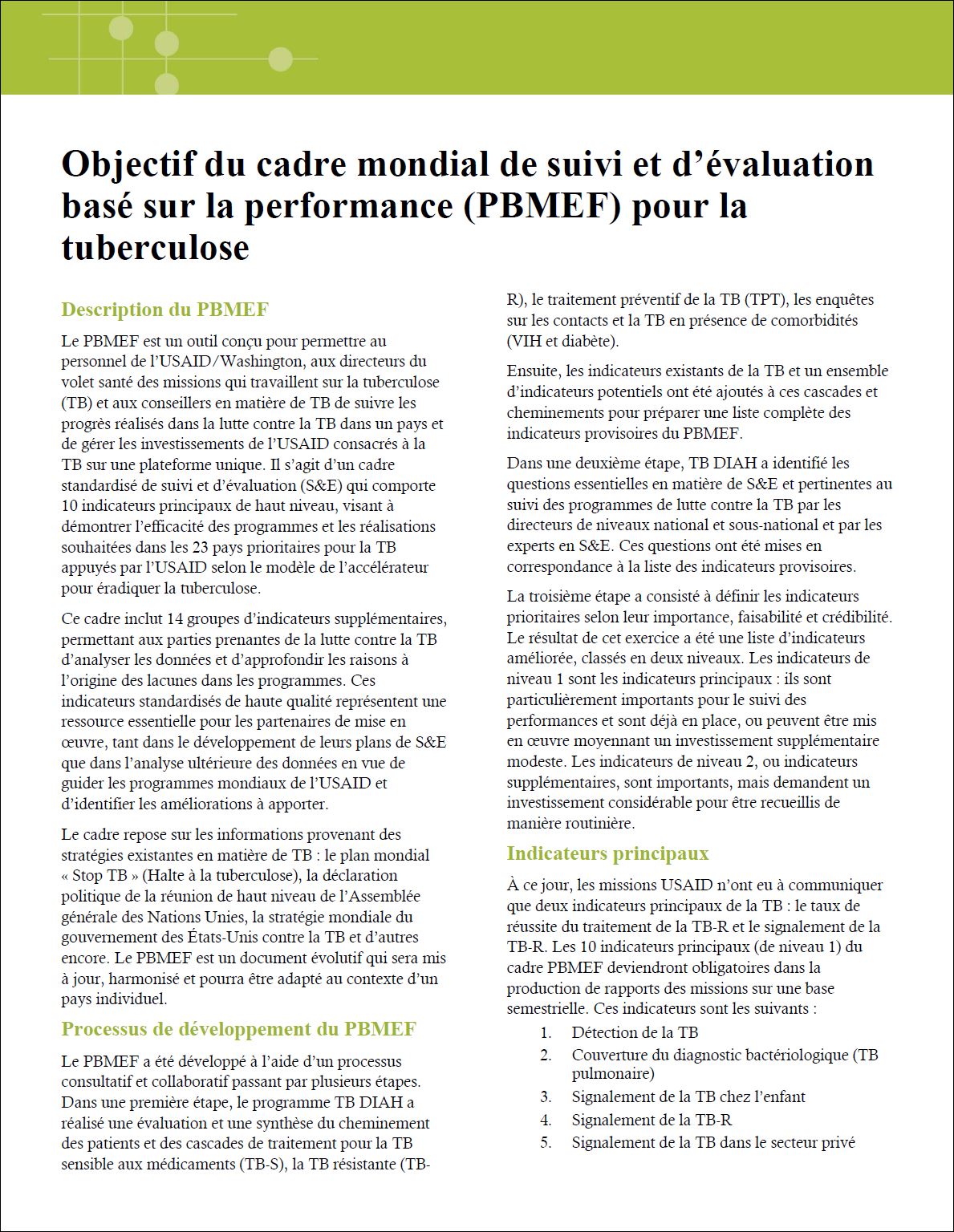 Objectif du cadre mondial de suivi et d’évaluation basé sur la performance (PBMEF) pour la tuberculose