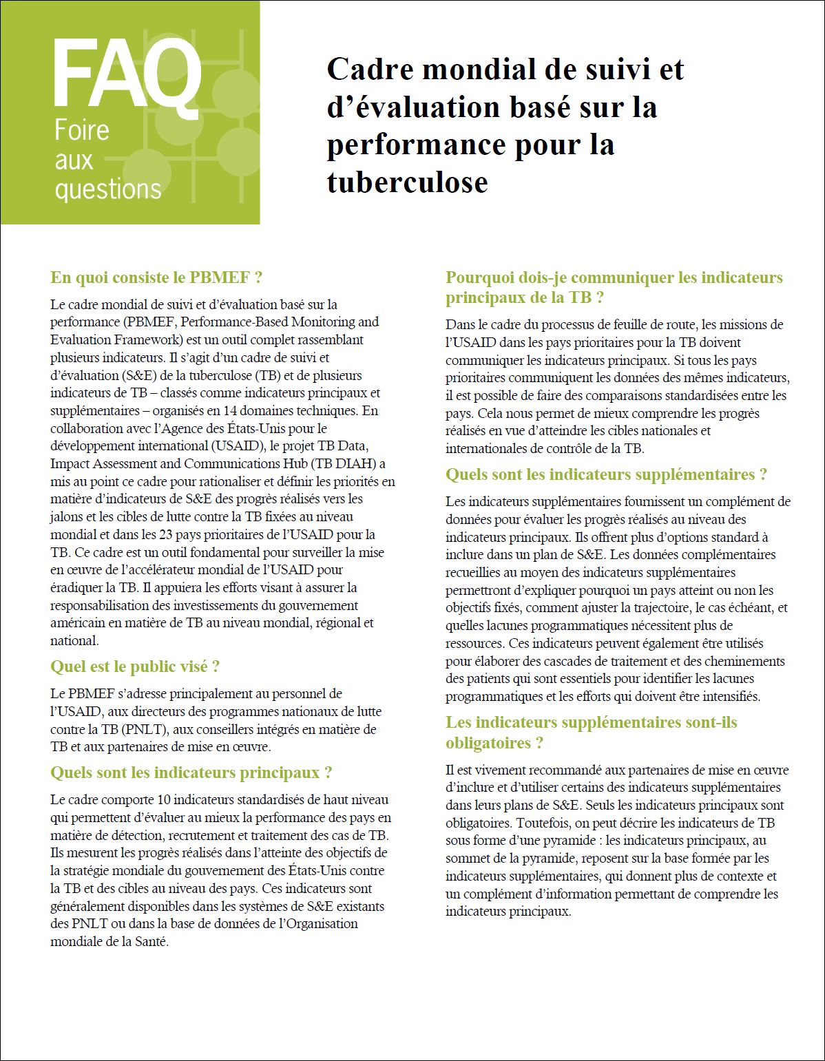 Foire aux questions : Cadre mondial de suivi et d’évaluation basé sur la performance pour la tuberculose