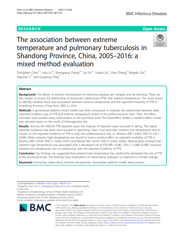 The association between extreme temperature and pulmonary tuberculosis in Shandong Province, China, 2005–2016: a mixed method evaluation